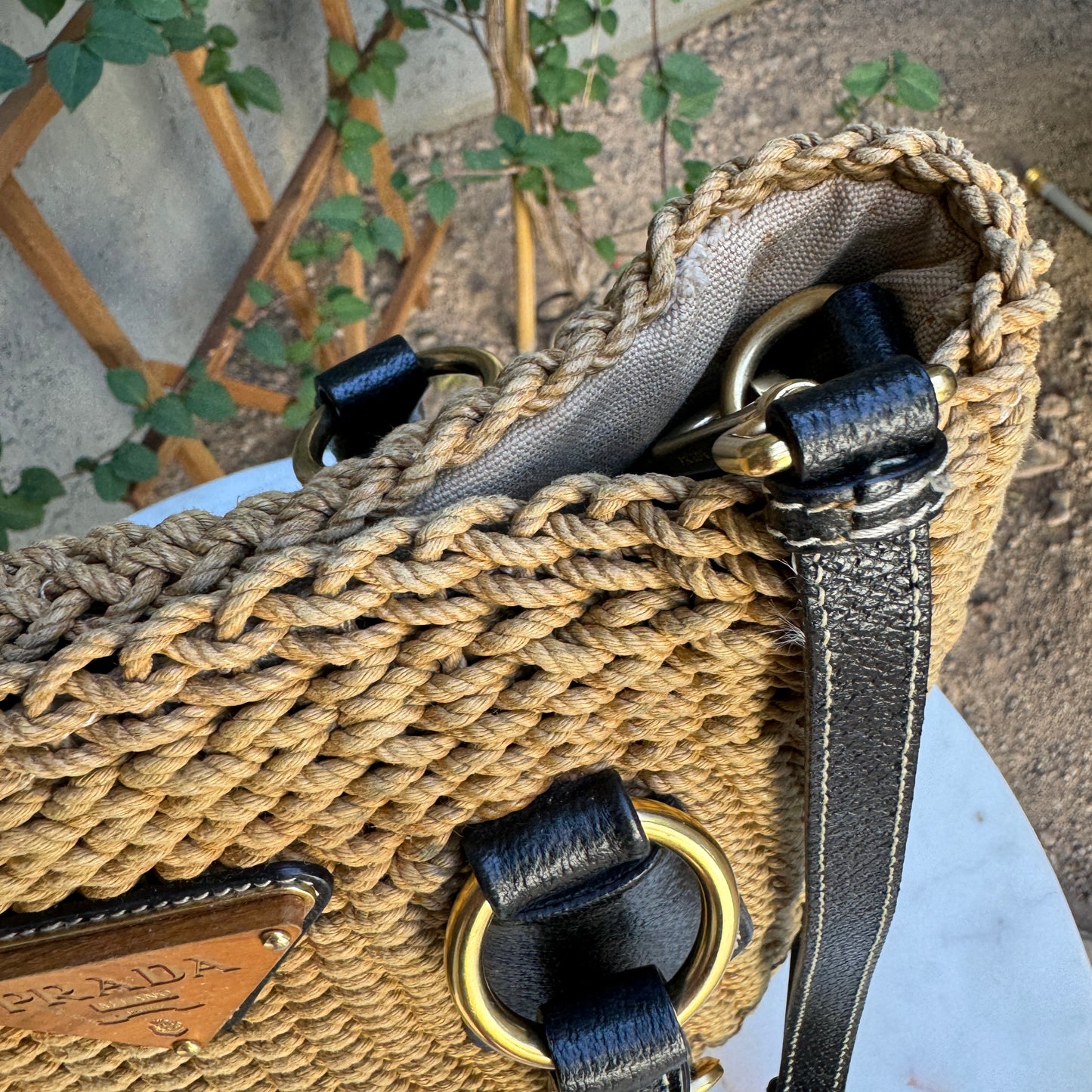Prada Leather Trimmed Woven Rope Tote