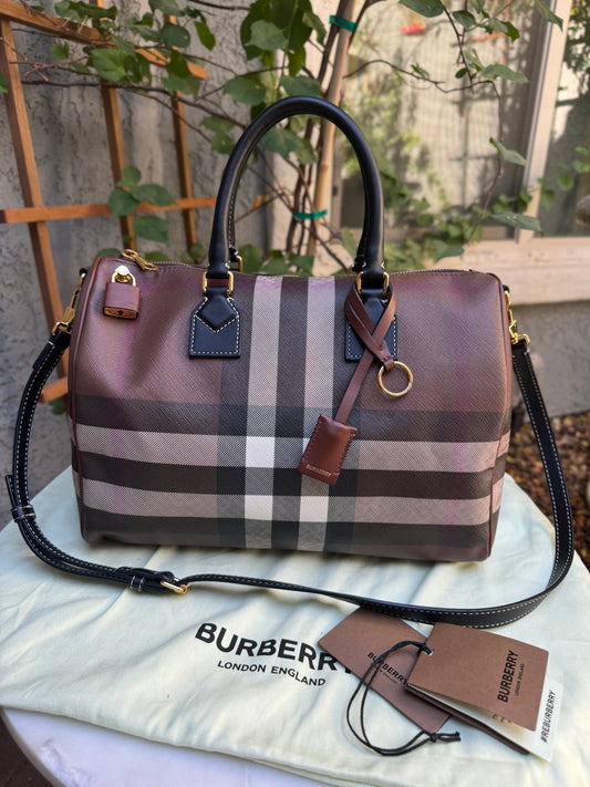 Burberry Dark Birch Brown Check and Leather Medium Bowling Bag