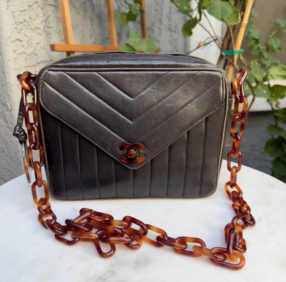 Chanel Vintage Lambskin Chevron Quilted Tortoise Flap Camera Shoulder Bag