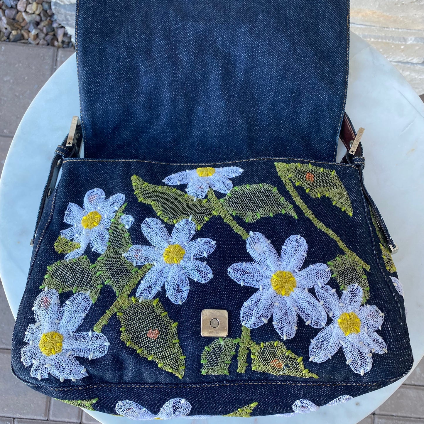 Fendi Denim Flower Mama Baguette Shoulder Bag