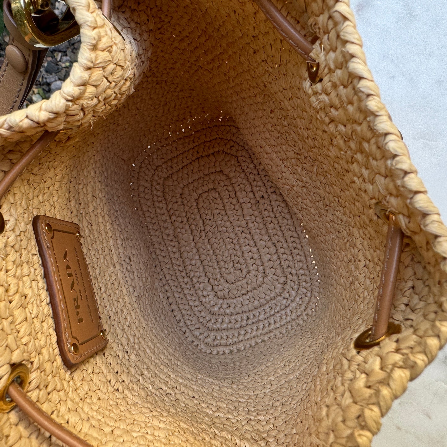 Prada Crochet and Leather Raffia Mini Bucket Crossbody