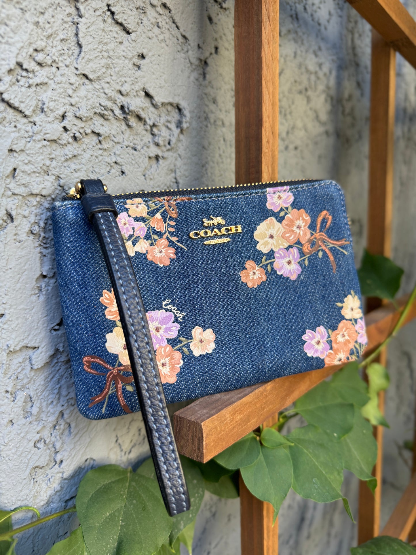 Coach Floral Denim Wristlet Wallet