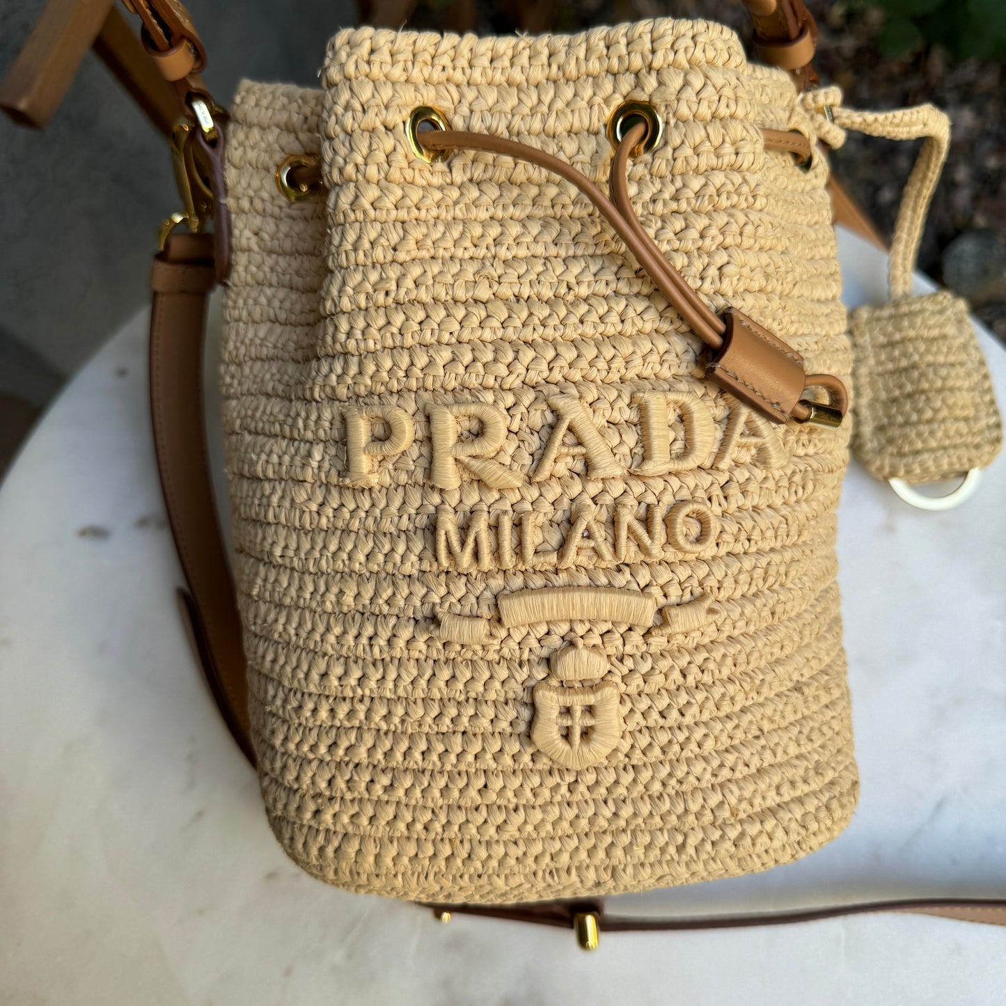 Prada Crochet and Leather Raffia Mini Bucket Crossbody