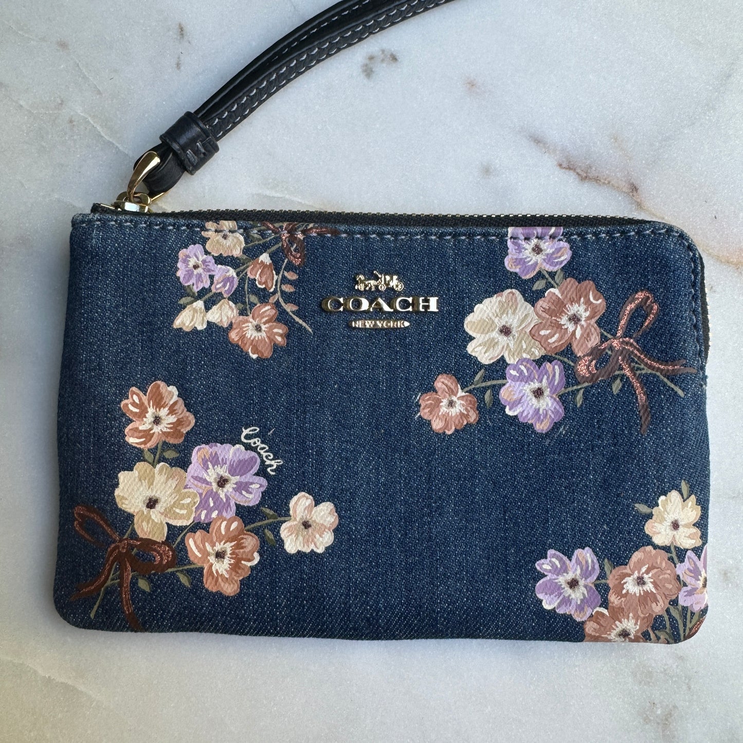 Coach Floral Denim Wristlet Wallet