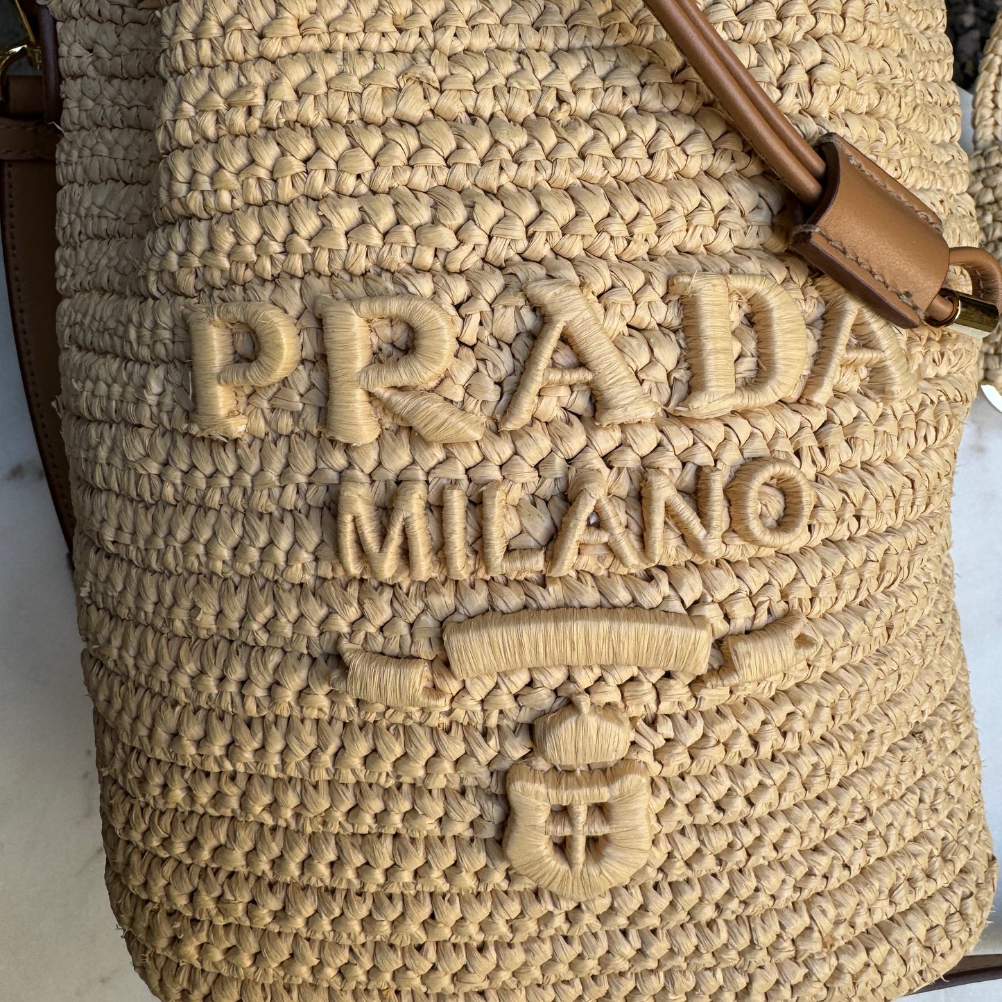 Prada Crochet and Leather Raffia Mini Bucket Crossbody