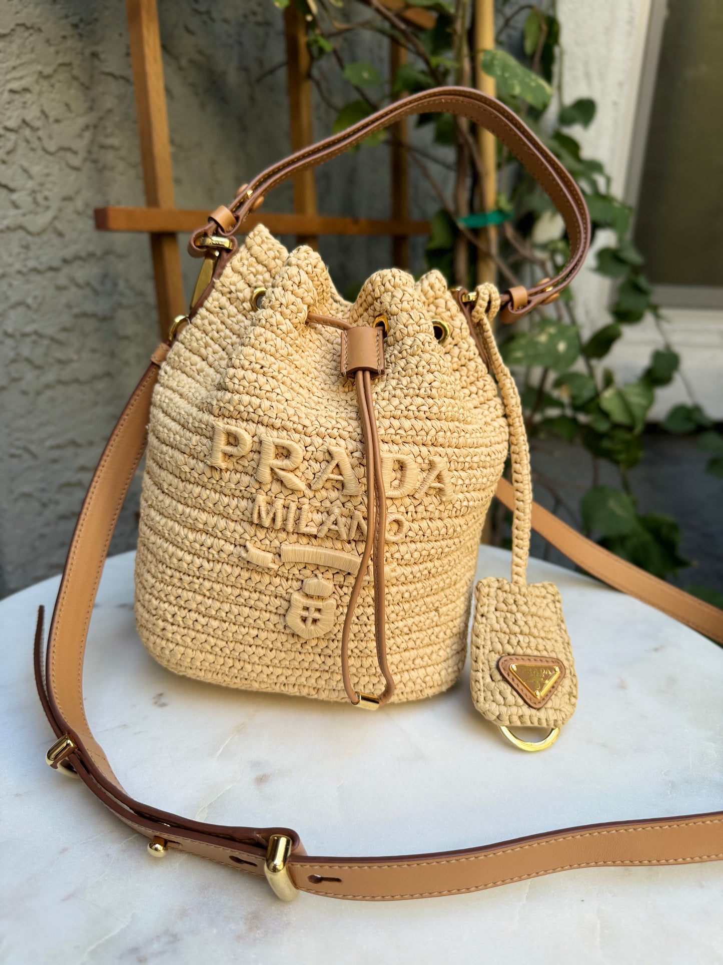 Prada Crochet and Leather Raffia Mini Bucket Crossbody