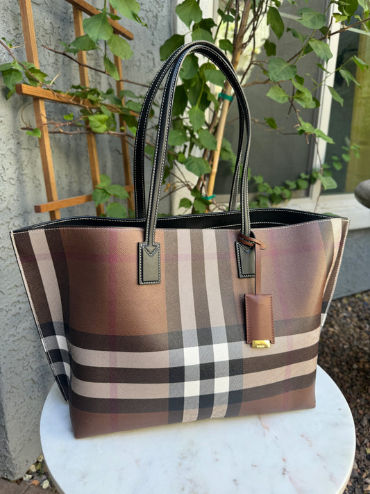 Burberry Dark Birch Brown Check and Leather Medium Tote