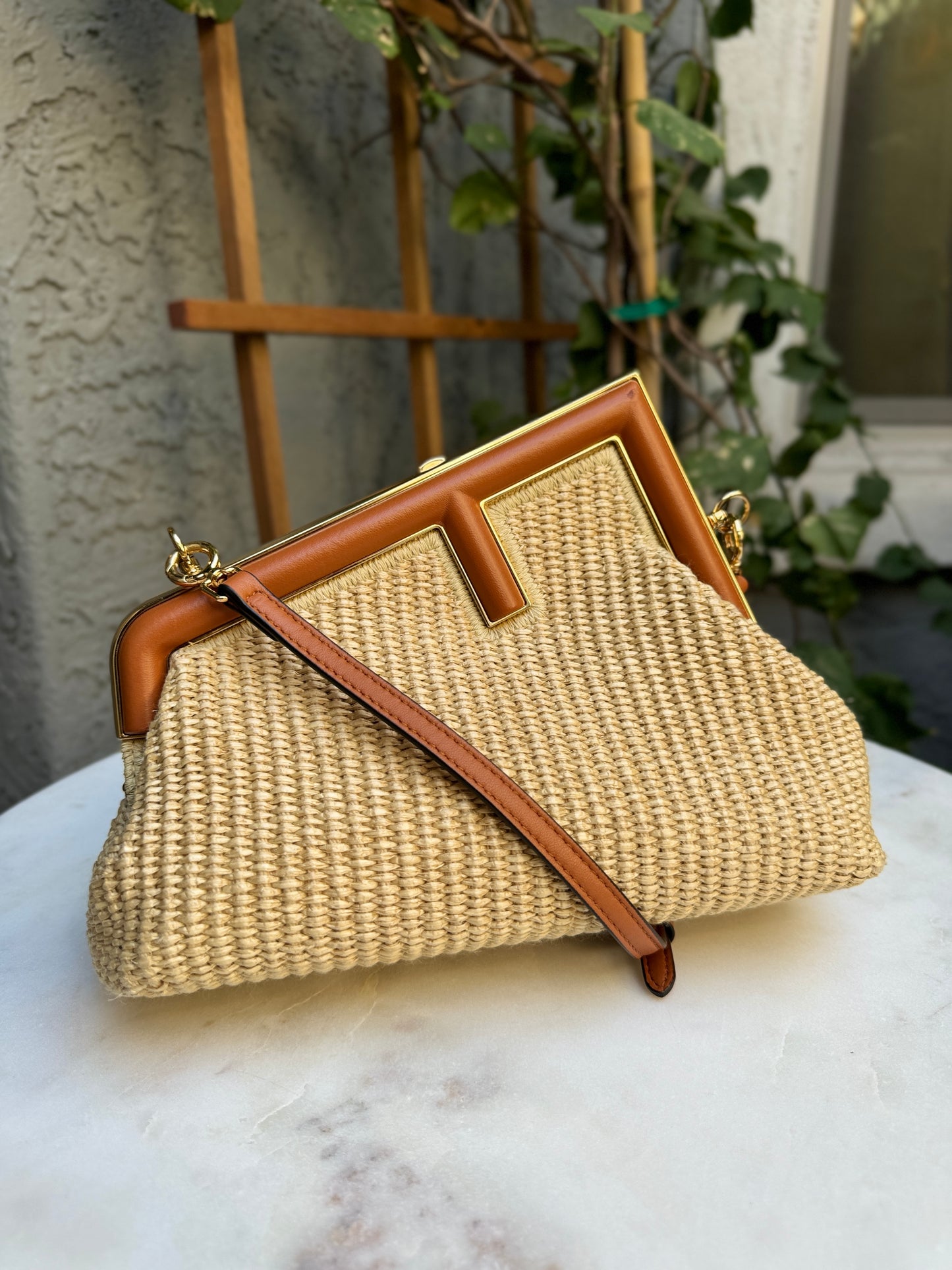 Fendi First Clutch Straw Raffia Shoulder Bag