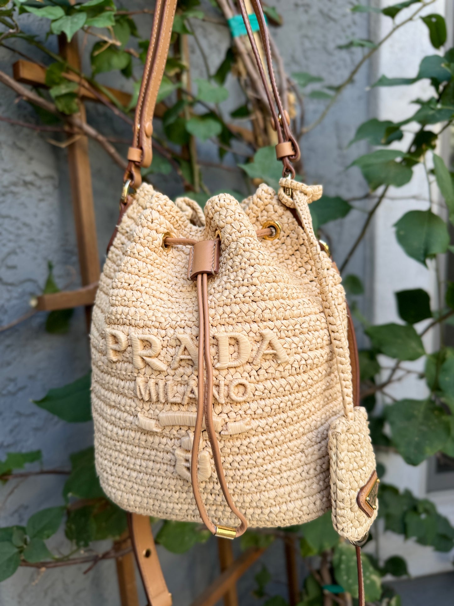 Prada Crochet and Leather Raffia Mini Bucket Crossbody