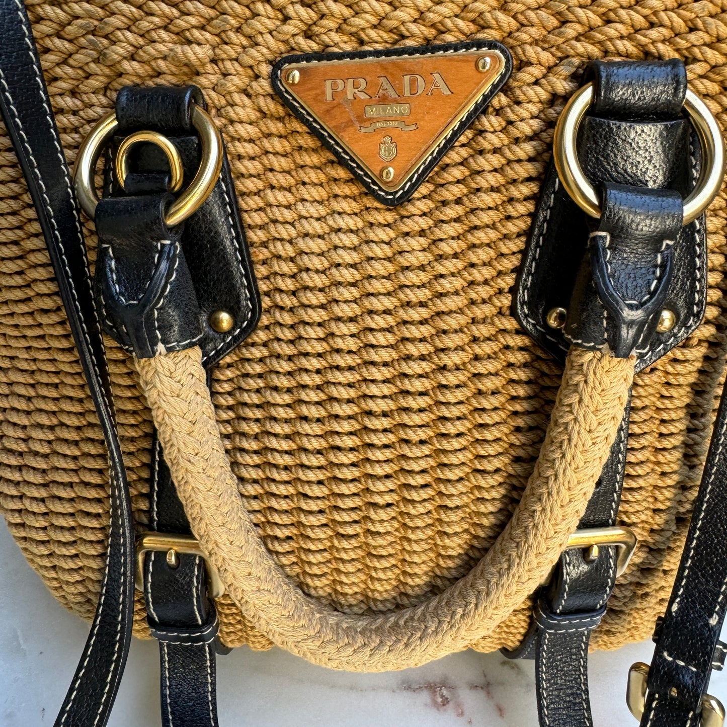 Prada Leather Trimmed Woven Rope Tote